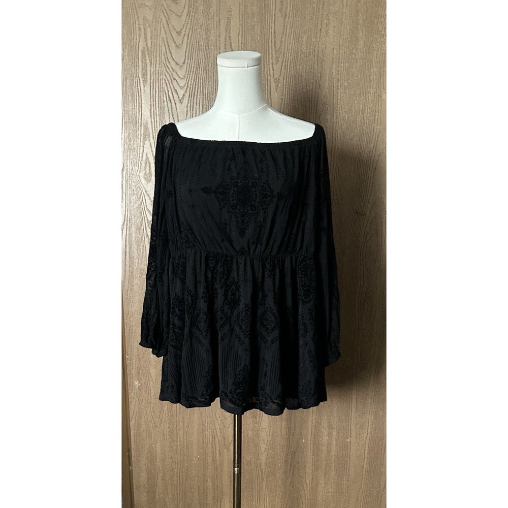 TORRID Black Flocked Mesh Square Neck Peasant Top Gothic Boho Plus Size 1 1X - Picture 2 of 12